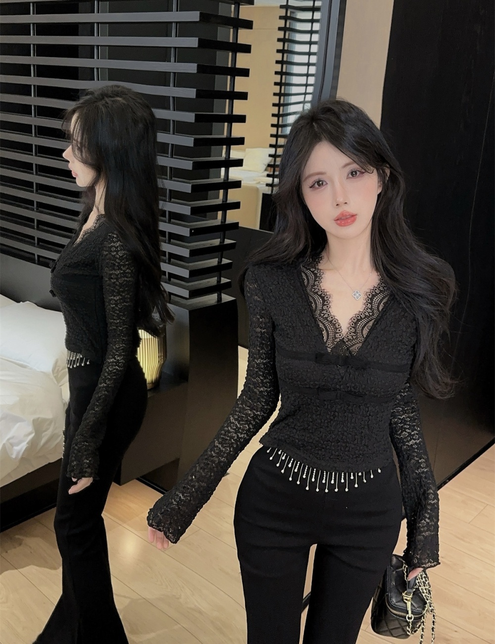 Enticement winter shirts V-neck lace tops for women