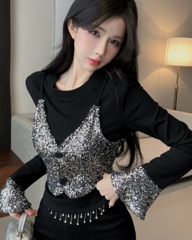 Retro sequins T-shirt stitching bottoming shirt