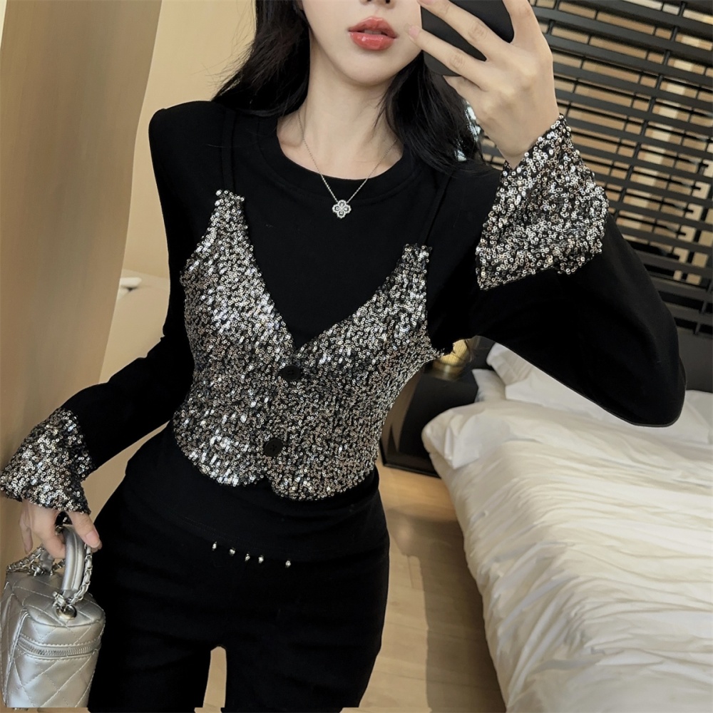 Retro sequins T-shirt stitching bottoming shirt