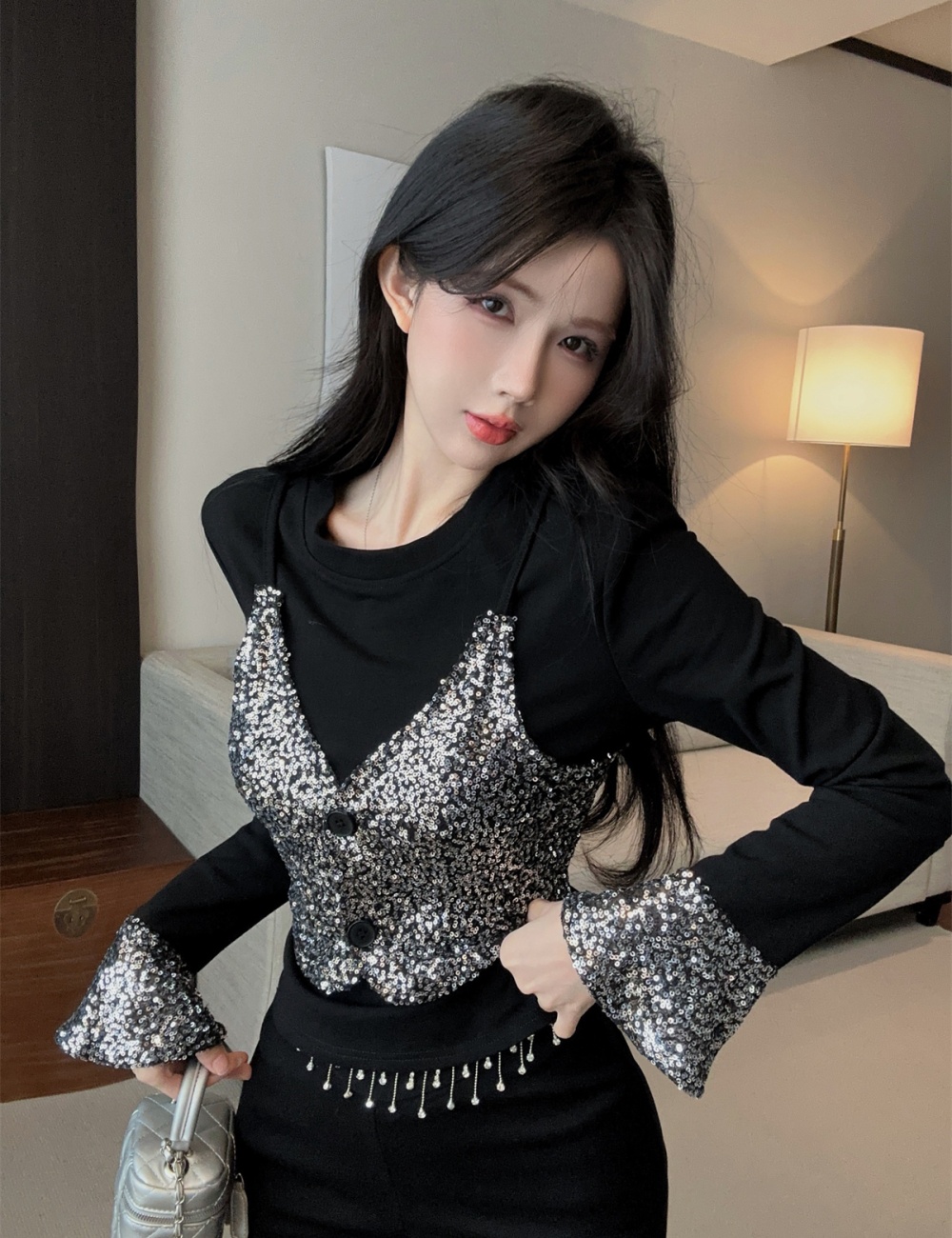 Retro sequins T-shirt stitching bottoming shirt