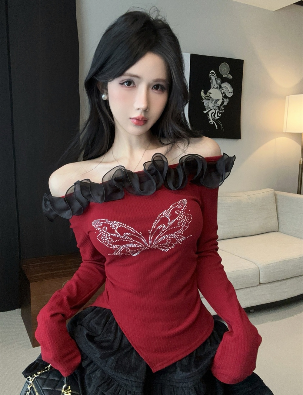 Christmas bow rhinestone back lace butterfly tops a set