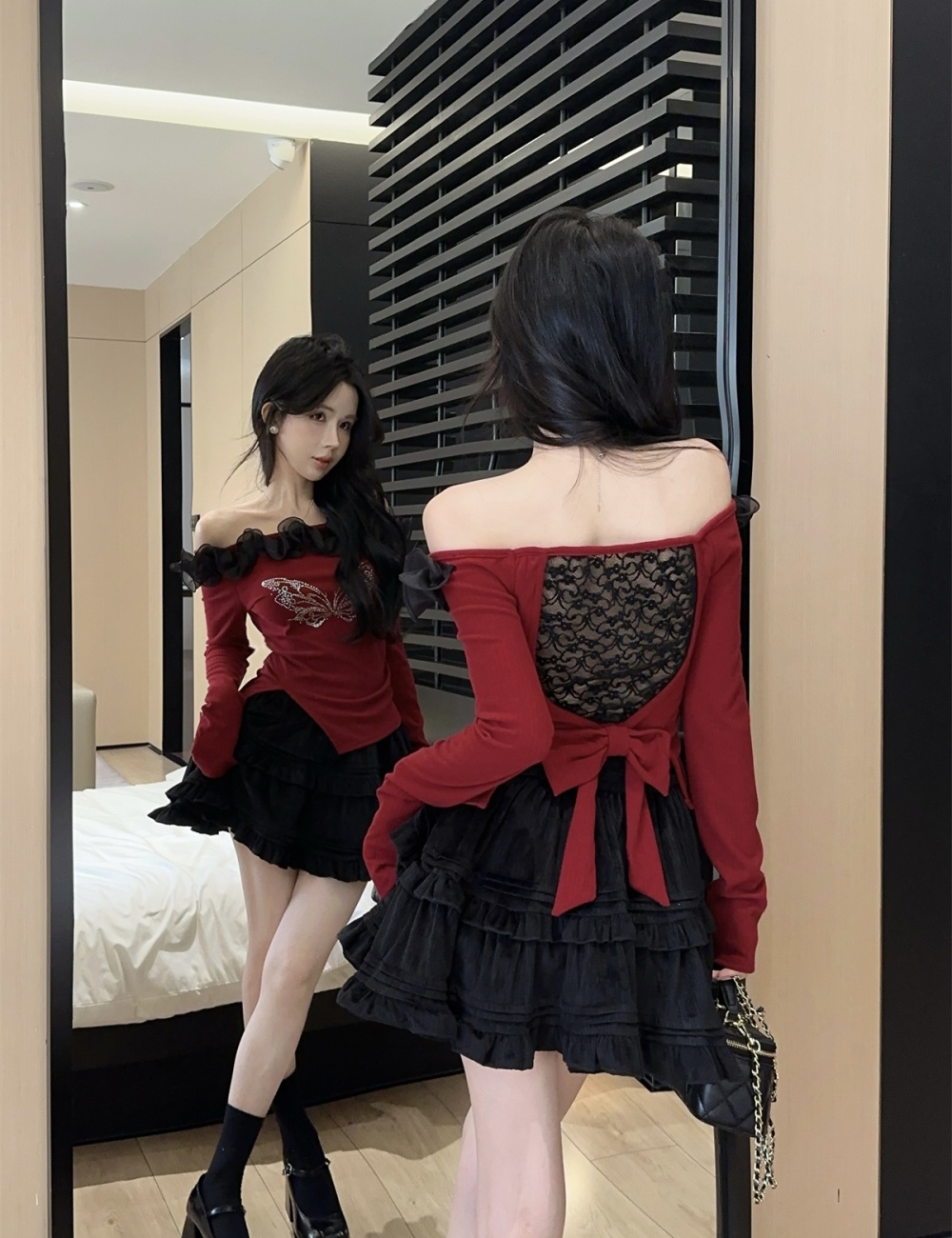 Christmas bow rhinestone back lace butterfly tops a set