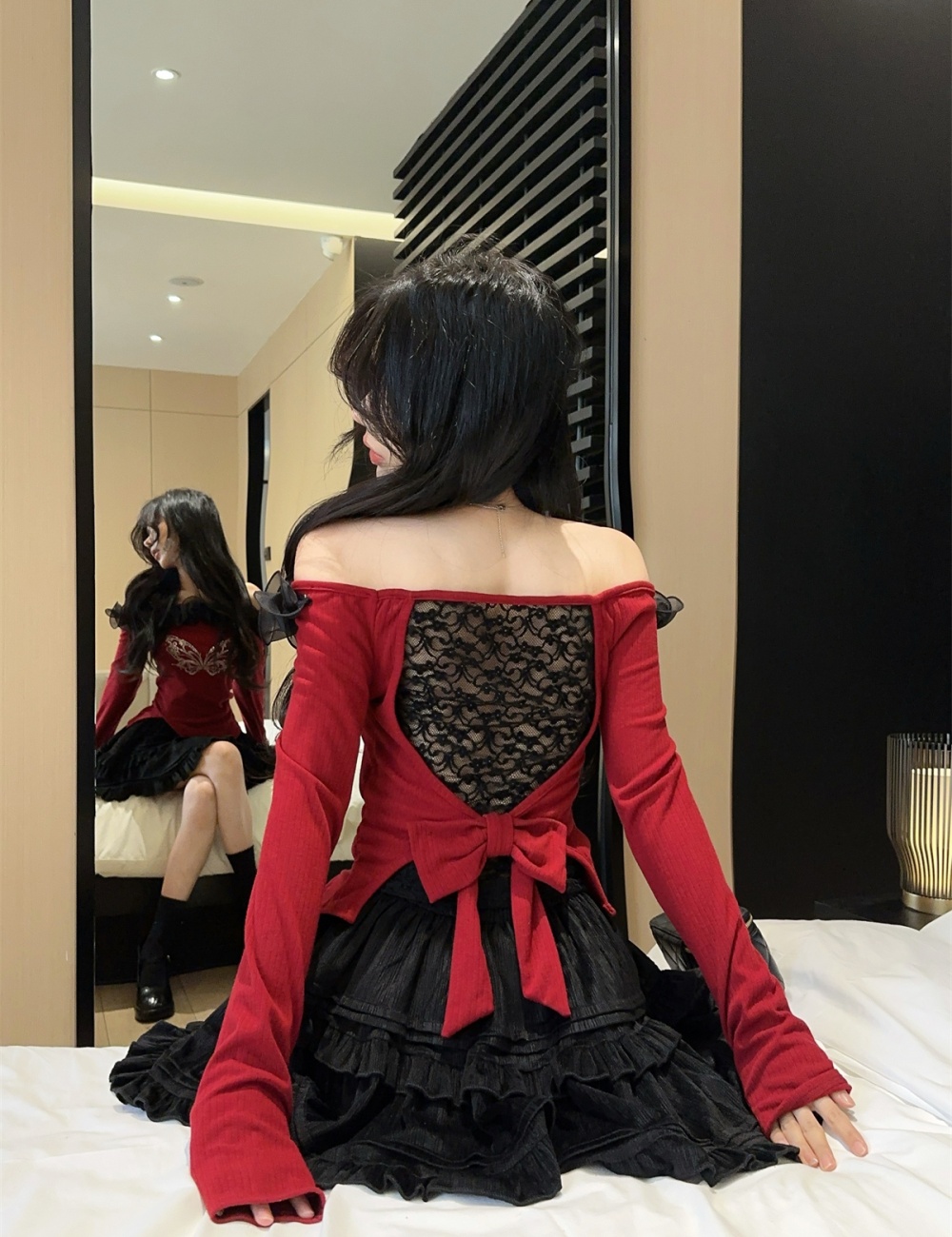 Christmas bow rhinestone back lace butterfly tops a set