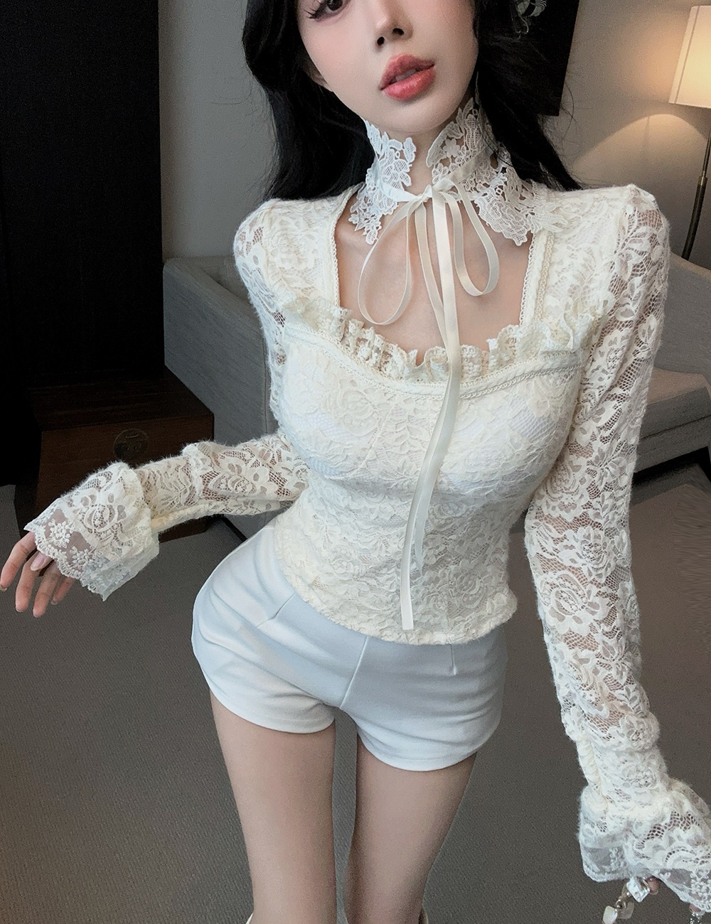 Lace cstand collar bottoming shirt winter tops for women