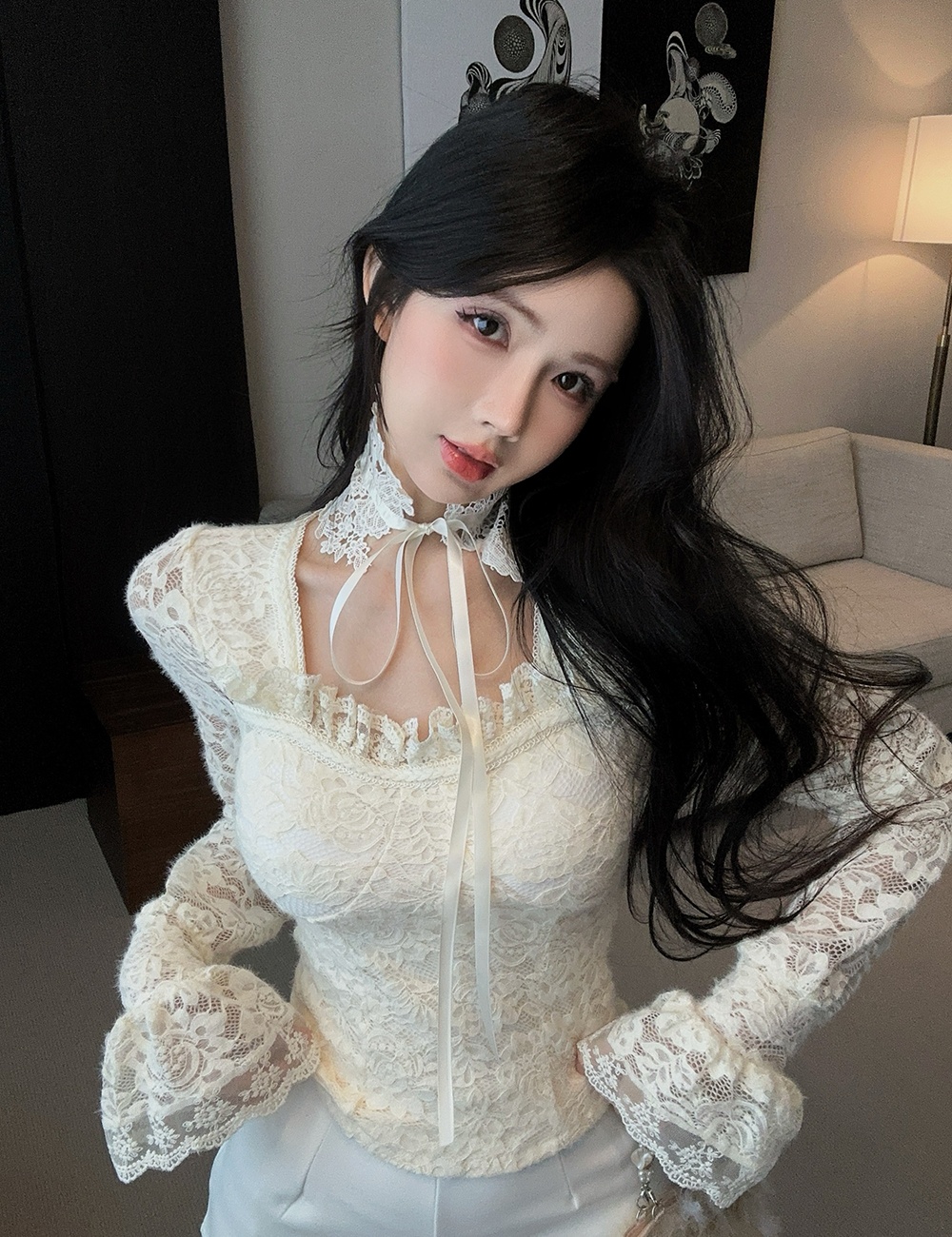 Lace cstand collar bottoming shirt winter tops for women