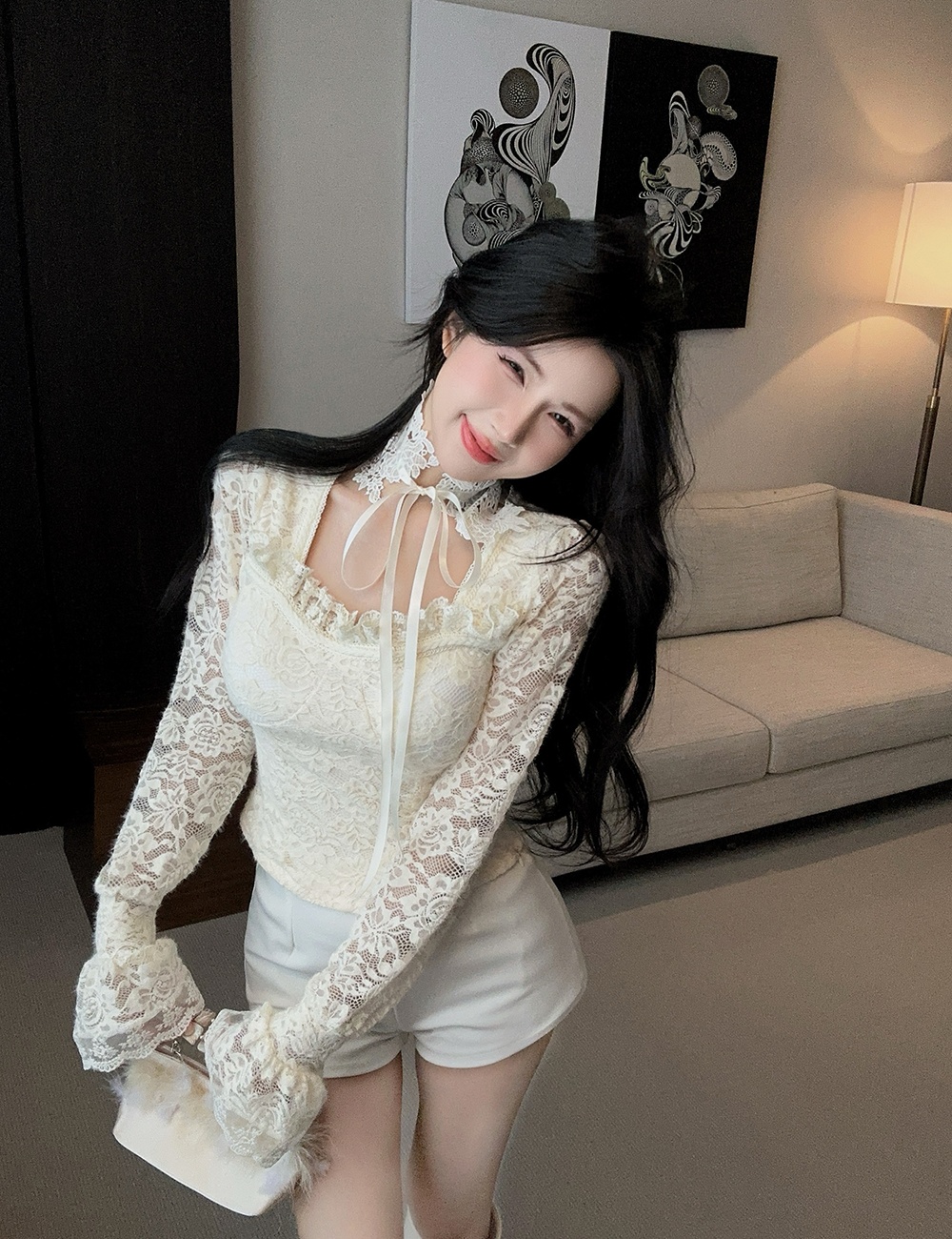 Lace cstand collar bottoming shirt winter tops for women