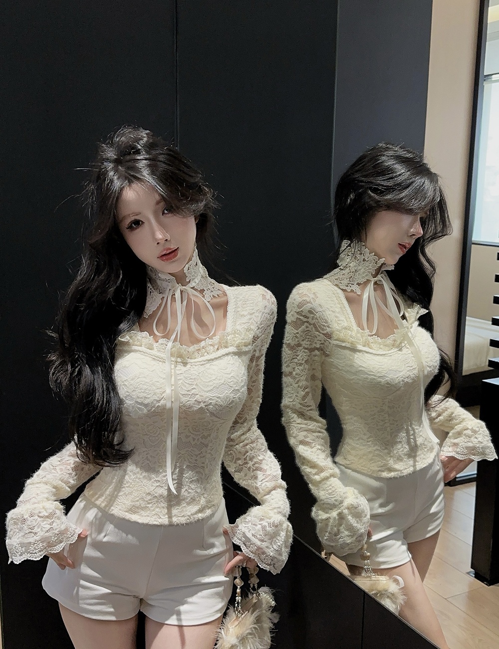 Lace cstand collar bottoming shirt winter tops for women