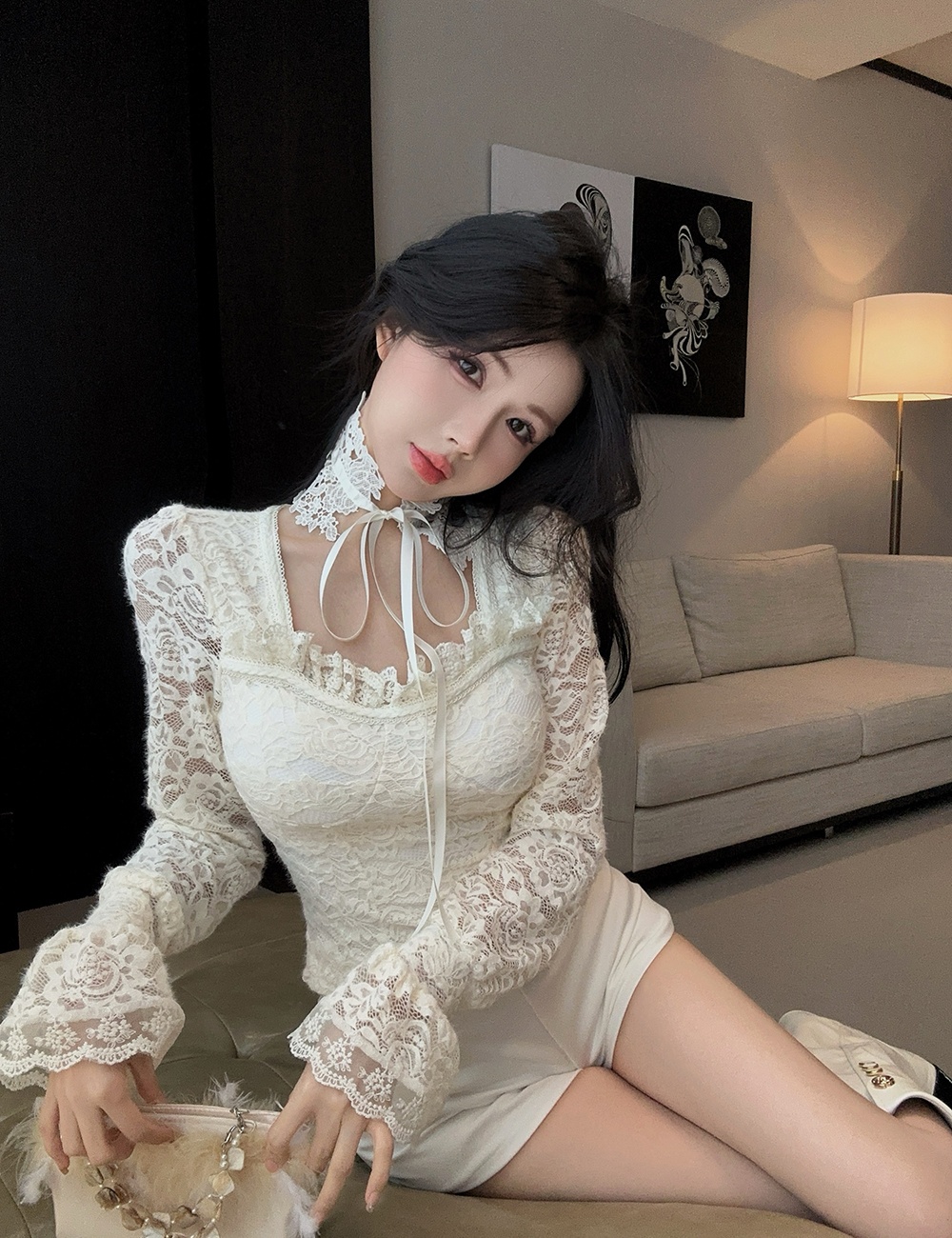 Lace cstand collar bottoming shirt winter tops for women