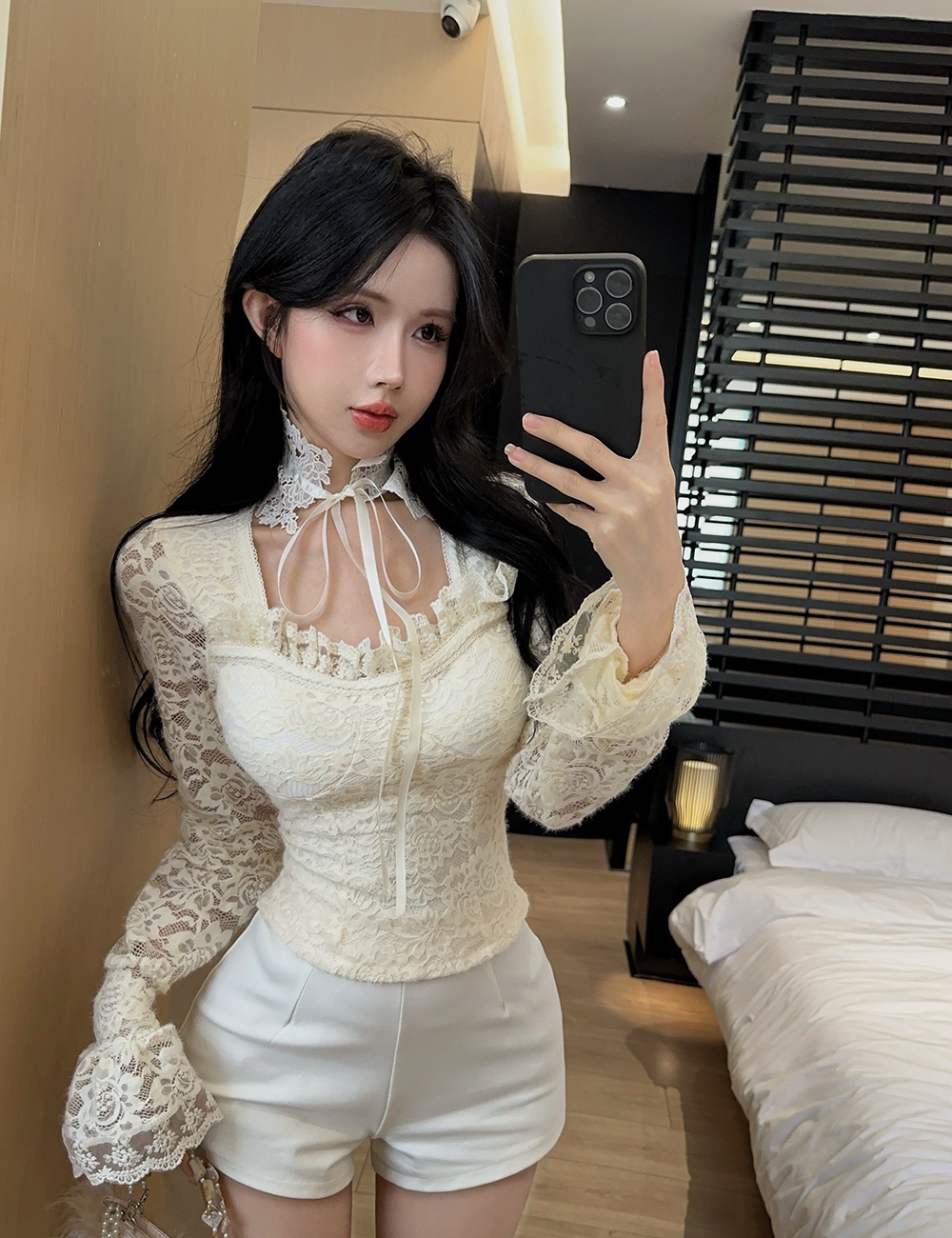 Lace cstand collar bottoming shirt winter tops for women