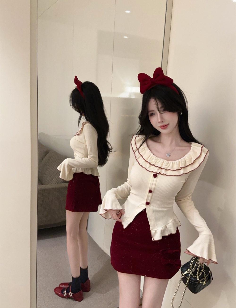 Trumpet sleeves tops short skirt 2pcs set for women