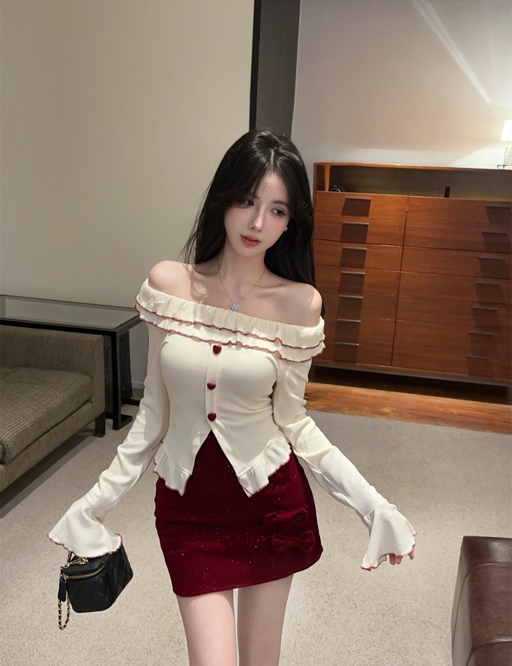 Trumpet sleeves tops short skirt 2pcs set for women