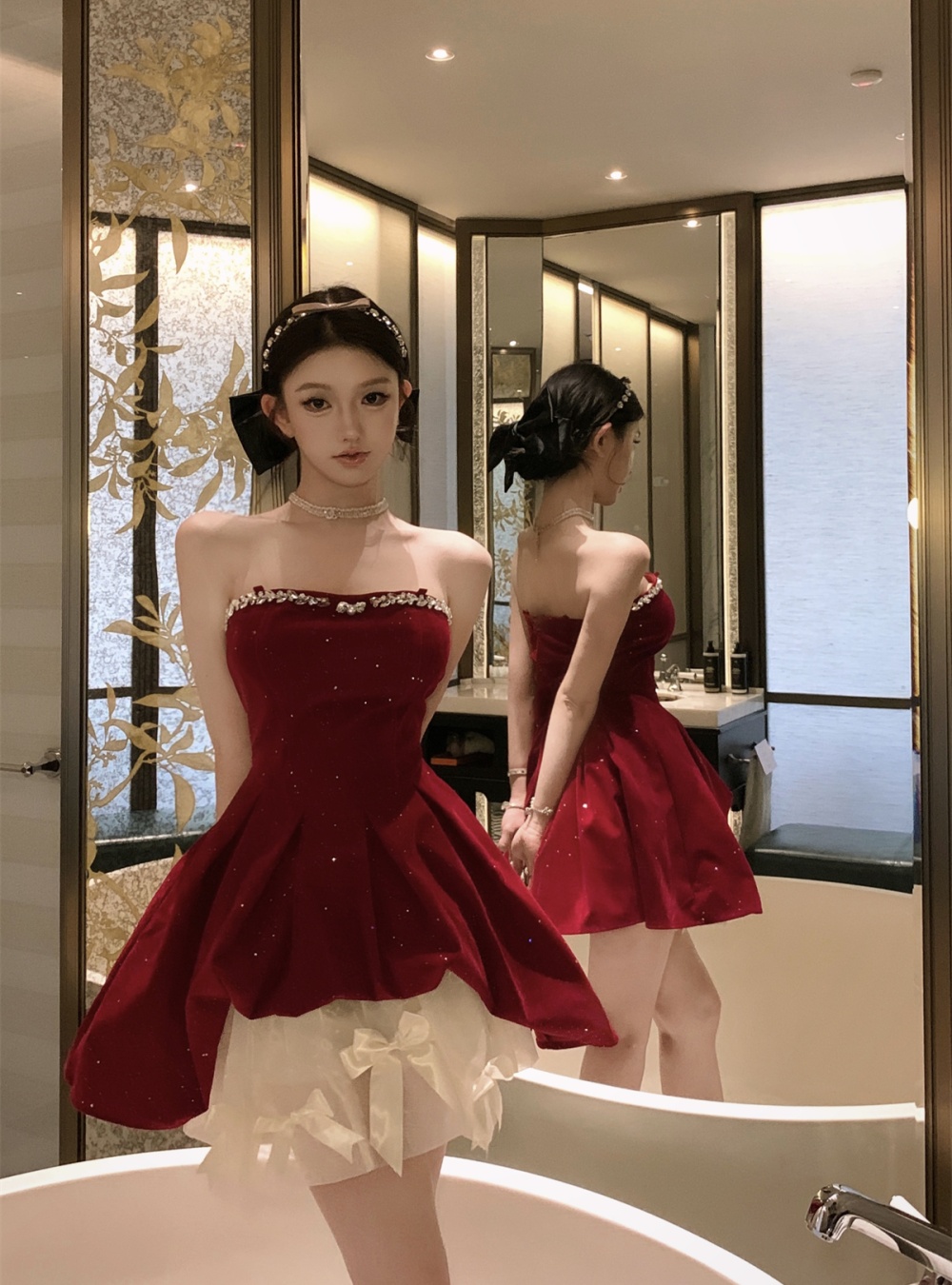 Bow rhinestone T-back christmas dress 2pcs set