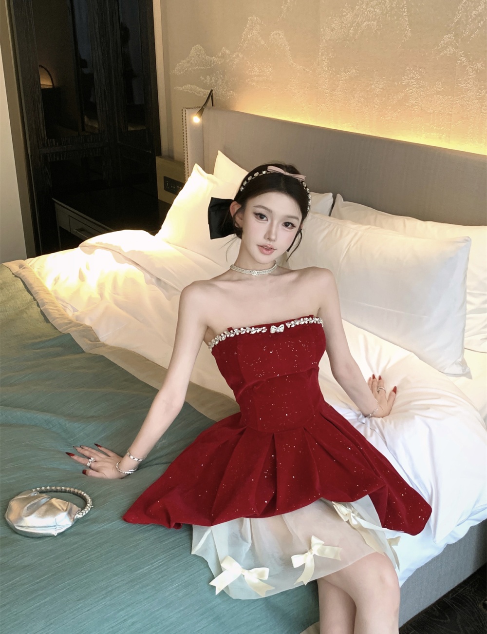 Bow rhinestone T-back christmas dress 2pcs set