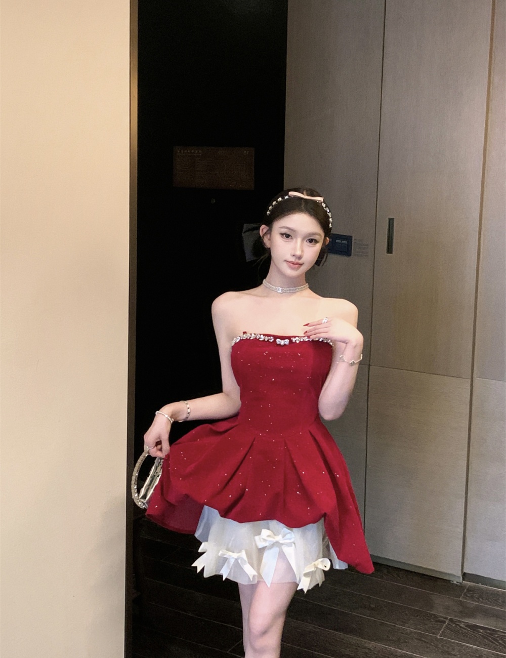 Bow rhinestone T-back christmas dress 2pcs set