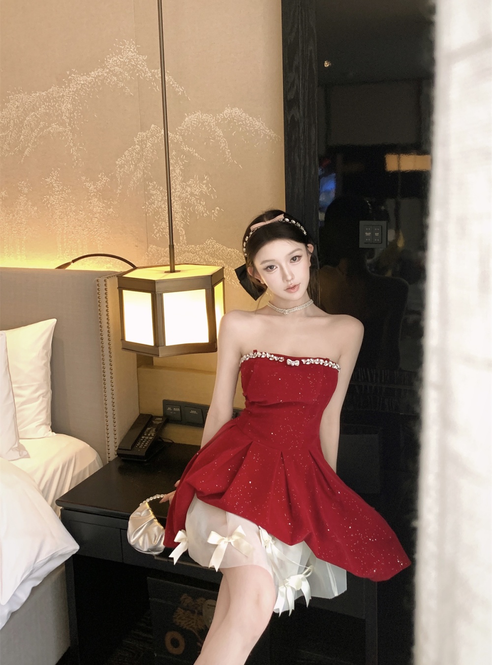 Bow rhinestone T-back christmas dress 2pcs set