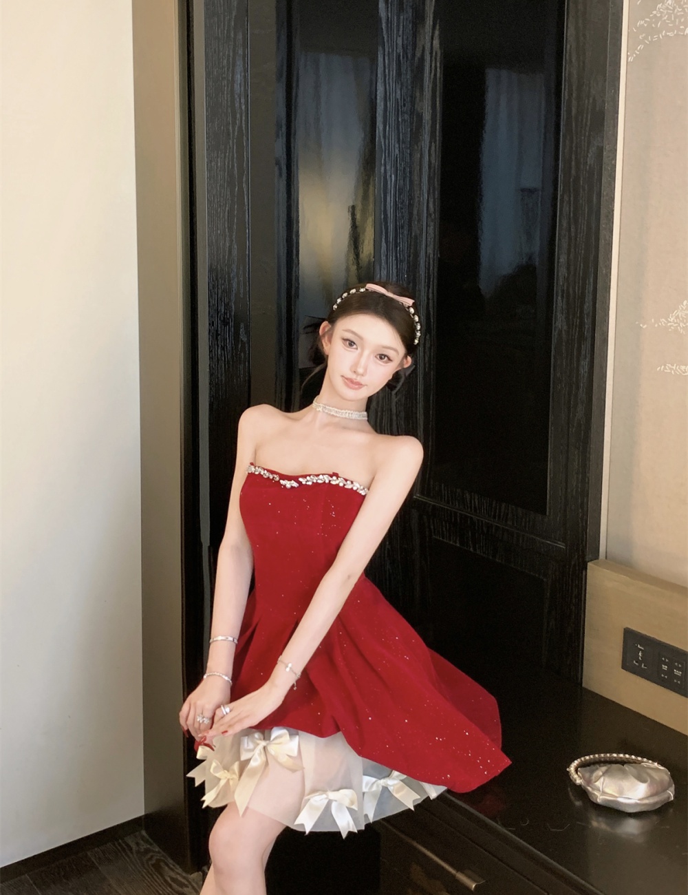 Bow rhinestone T-back christmas dress 2pcs set