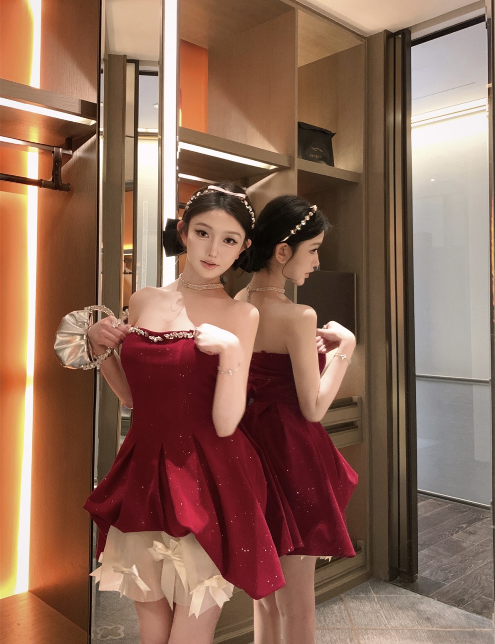 Bow rhinestone T-back christmas dress 2pcs set