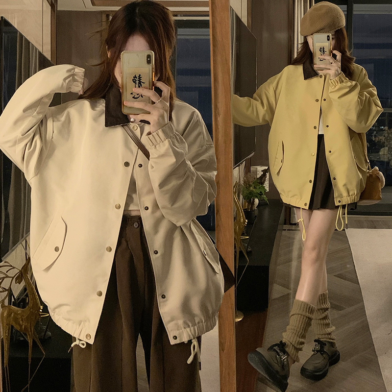 Retro mixed colors loose coat lapel Casual jacket