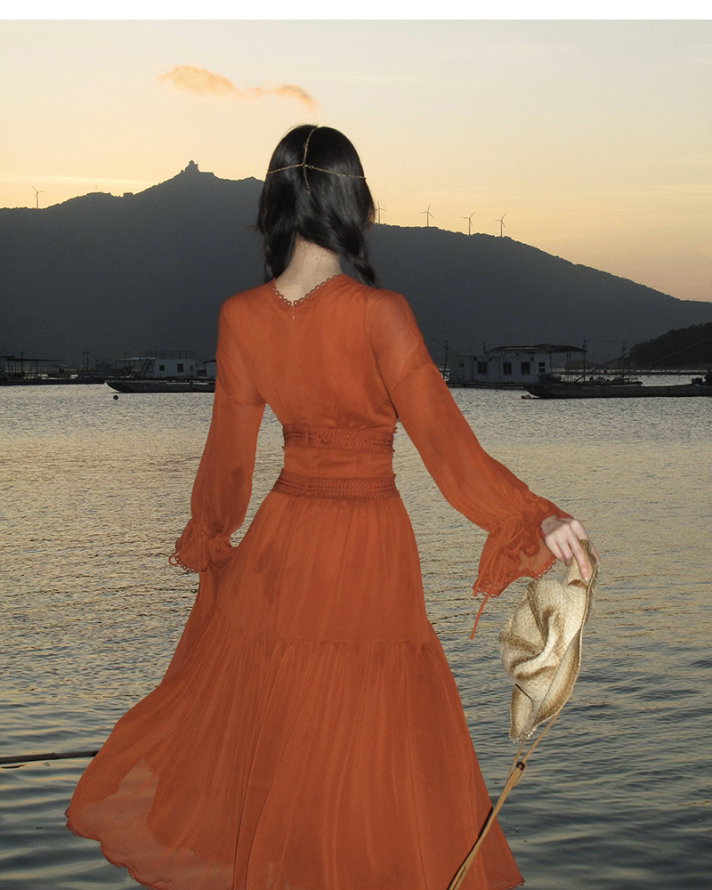 France style long sleeve retro red lace V-neck dress