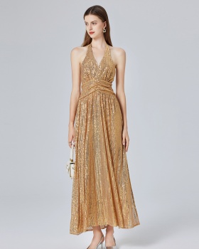 Gold halter split high waist European style dress