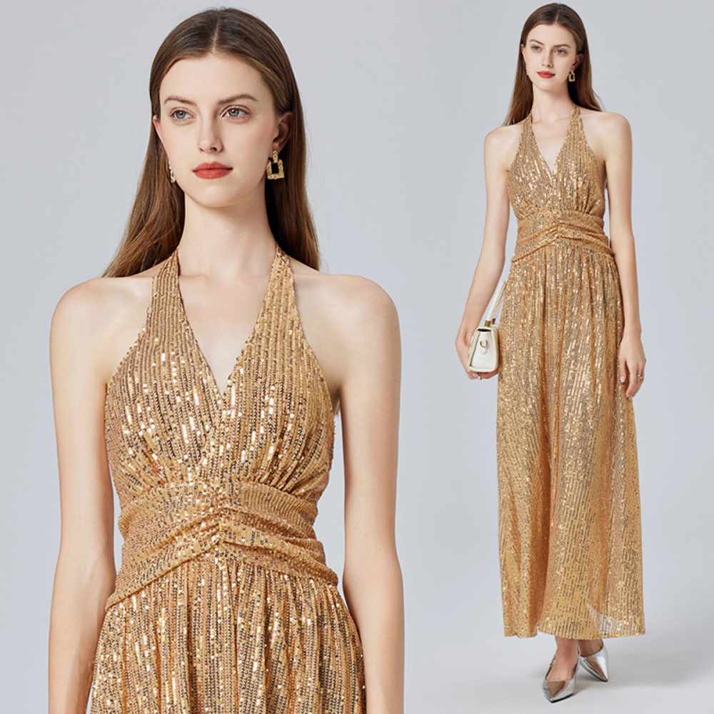 Gold halter split high waist European style dress