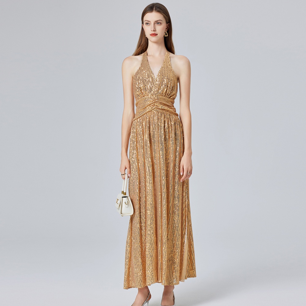 Gold halter split high waist European style dress