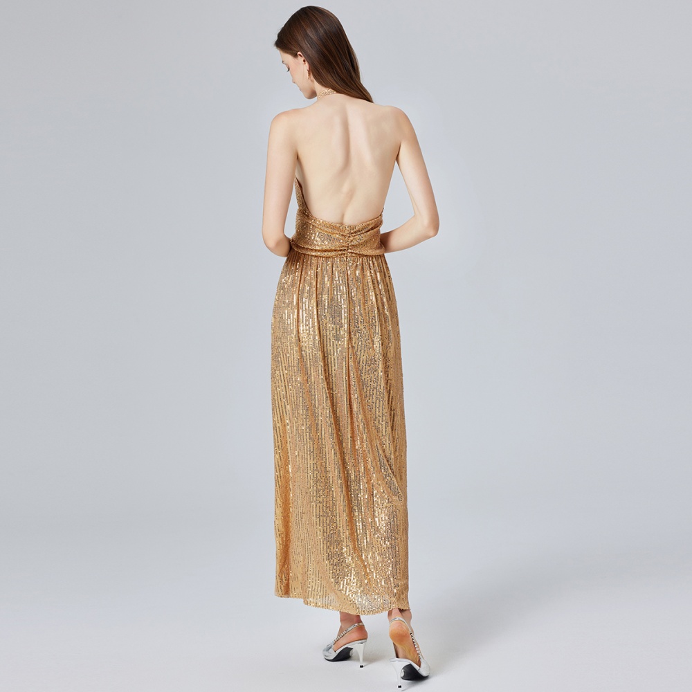 Gold halter split high waist European style dress