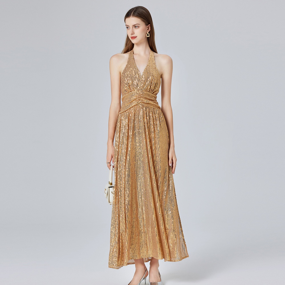 Gold halter split high waist European style dress