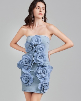 Slim high waist France style flowers stereoscopic dress