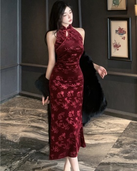 Embossing velvet slim dress retro maiden cheongsam