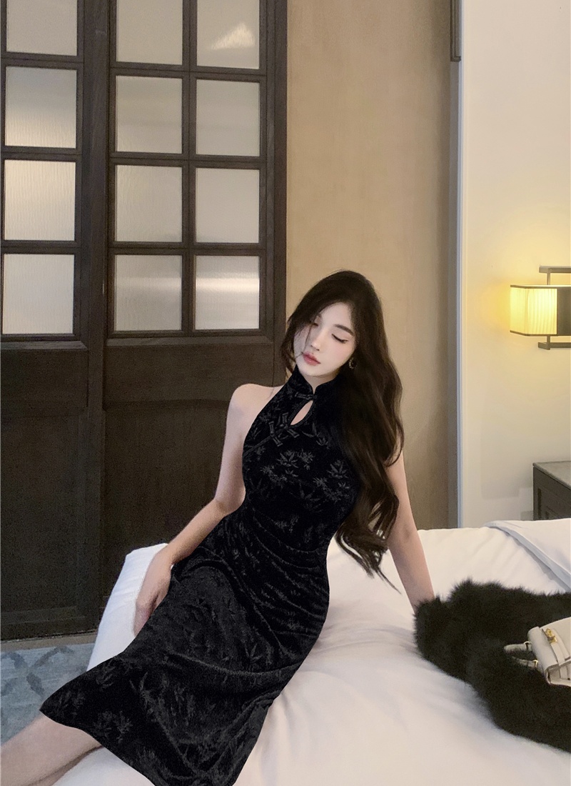 Embossing velvet slim dress retro maiden cheongsam