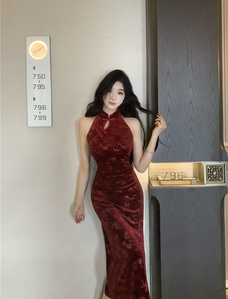 Embossing velvet slim dress retro maiden cheongsam