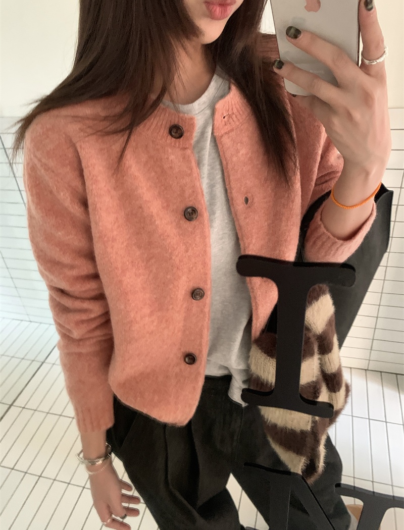 Single-breasted knitted winter coat wool round neck cardigan