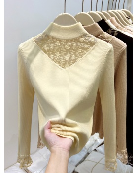 Half high collar splice sweater autumn and winter lace tops