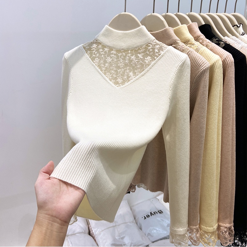 Half high collar splice sweater autumn and winter lace tops