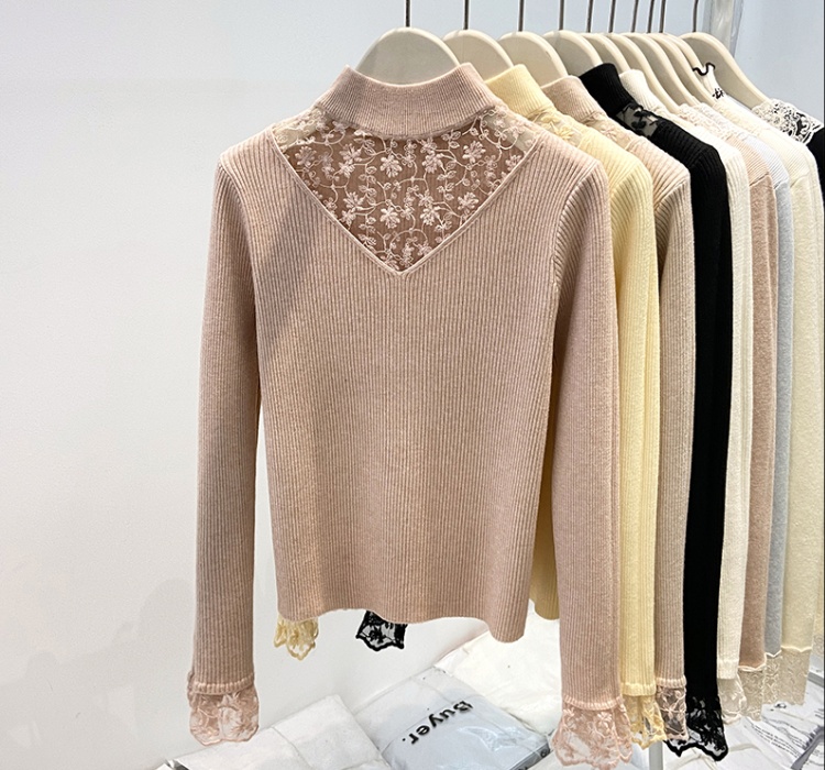 Half high collar splice sweater autumn and winter lace tops