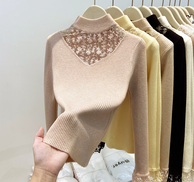 Half high collar splice sweater autumn and winter lace tops