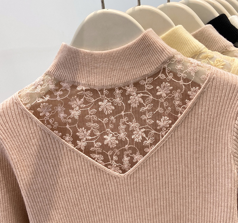 Half high collar splice sweater autumn and winter lace tops