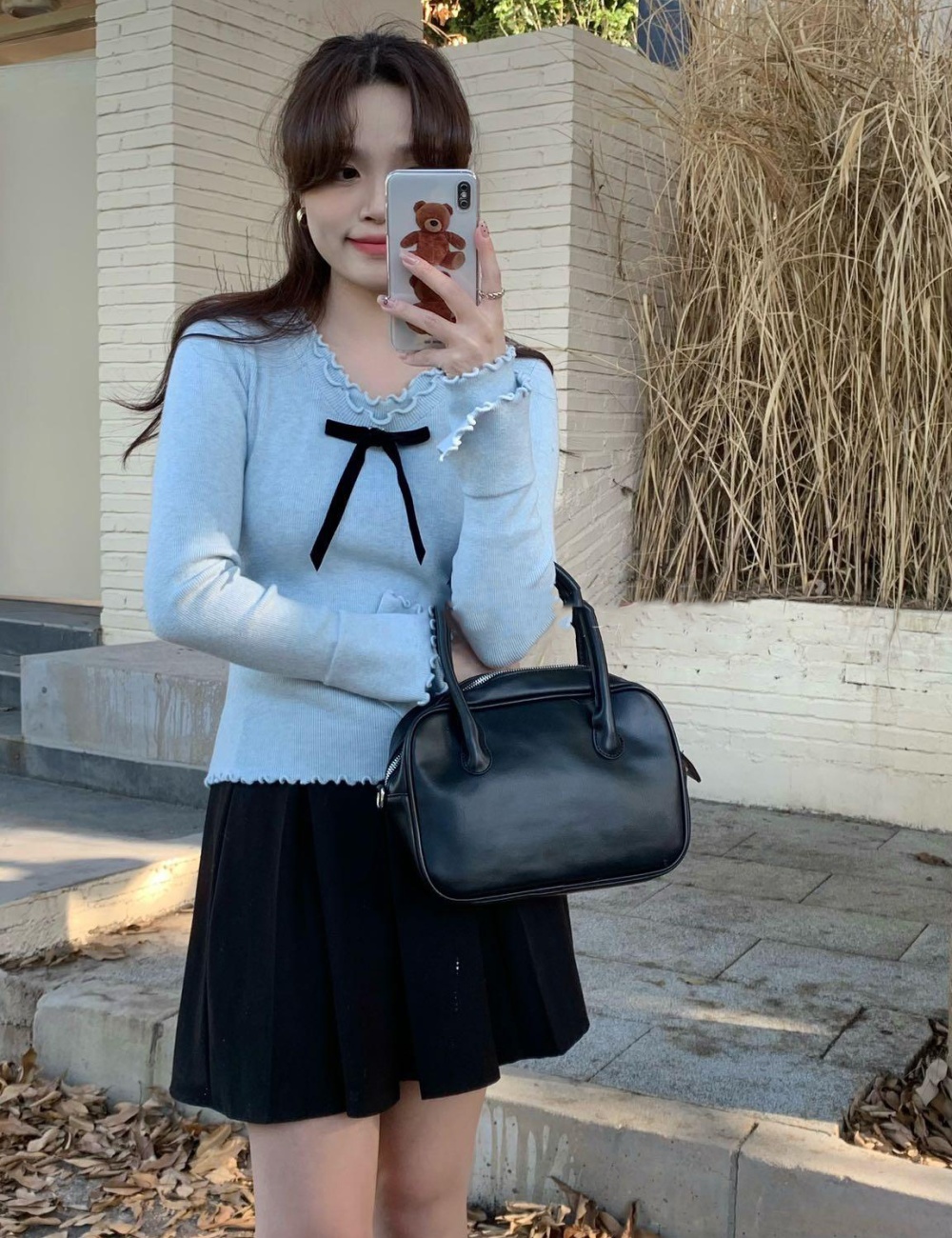 Bow bottoming knitted sweater wood ear lace spicegirl tops