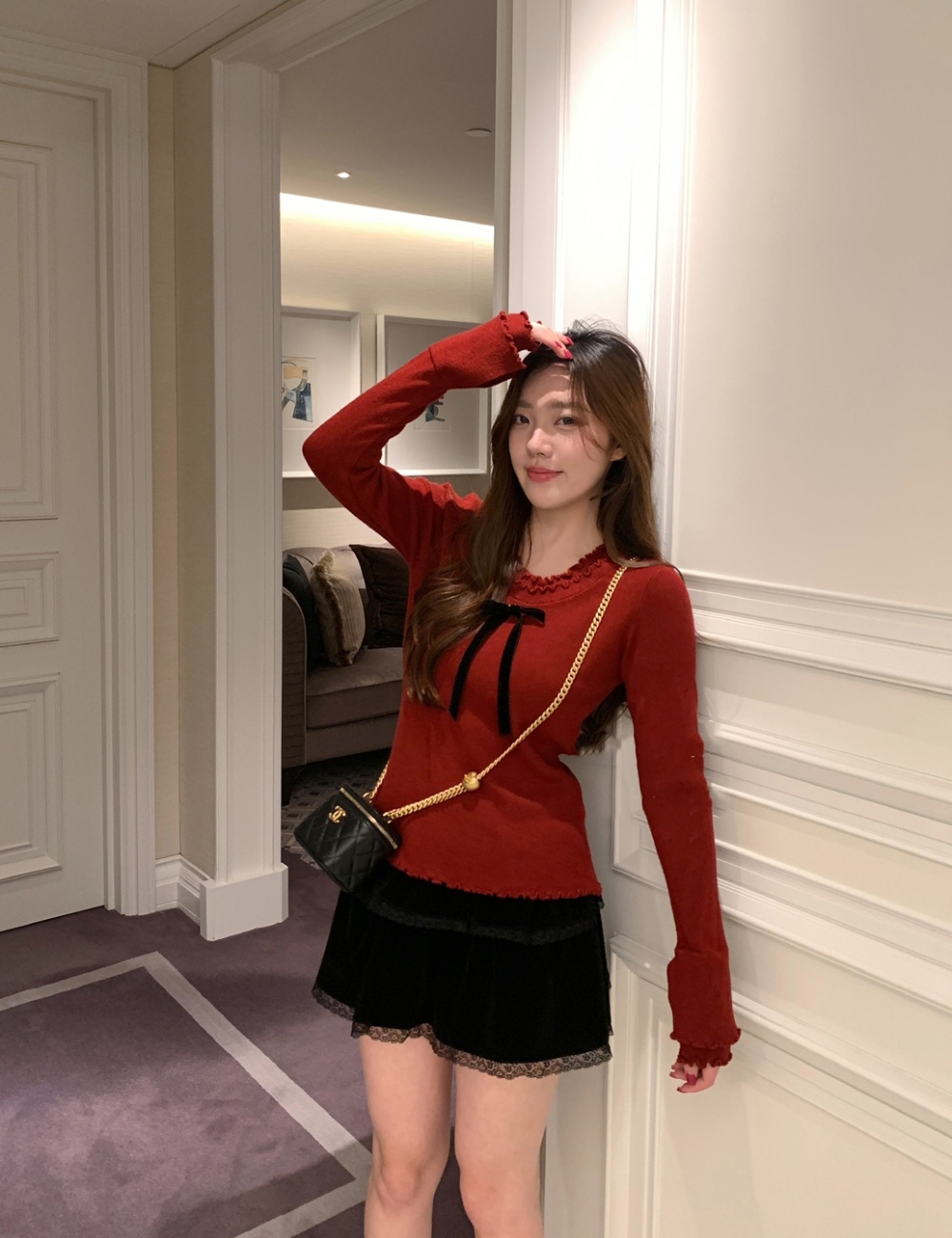 Bow bottoming knitted sweater wood ear lace spicegirl tops