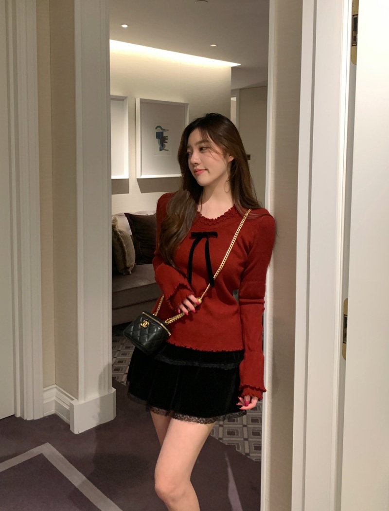 Bow bottoming knitted sweater wood ear lace spicegirl tops