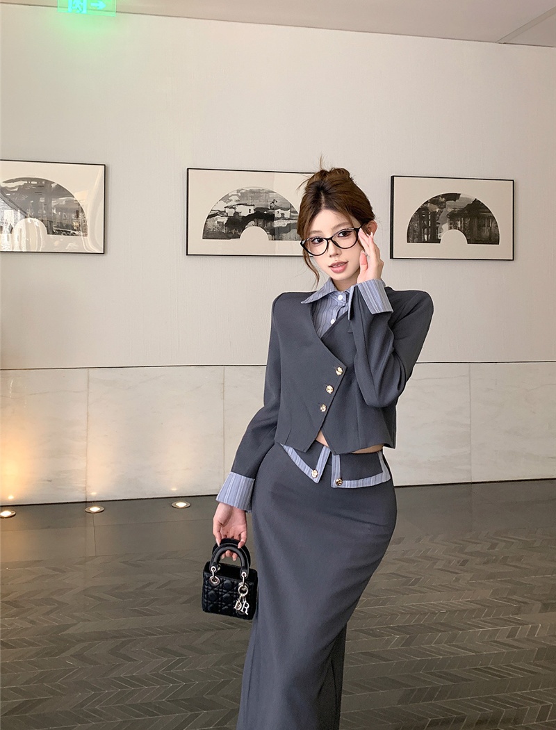 Spring fashion splice coat Pseudo-two stripe shirt 2pcs set