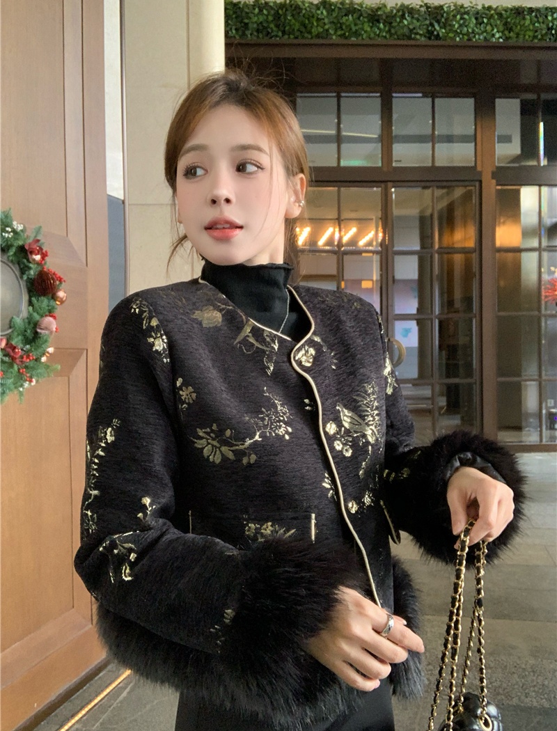 Black short cotton winter coat embroidery splice elmo tops