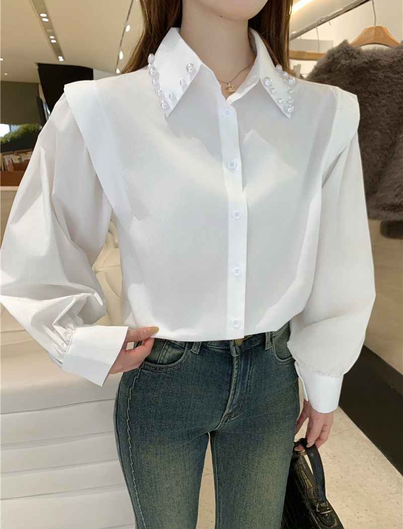 Pearl collar temperament tops spring white shirt