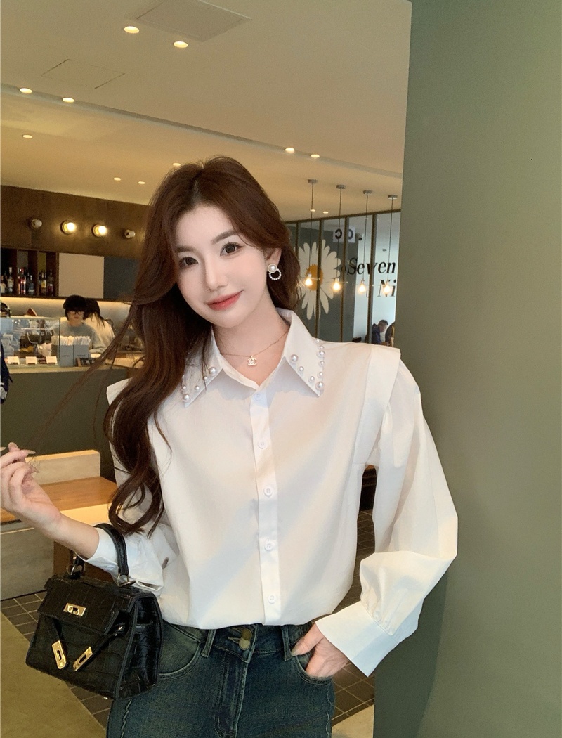 Pearl collar temperament tops spring white shirt