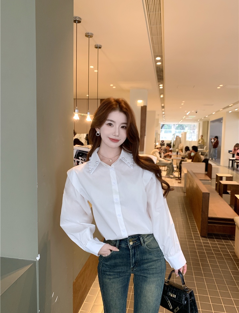 Pearl collar temperament tops spring white shirt