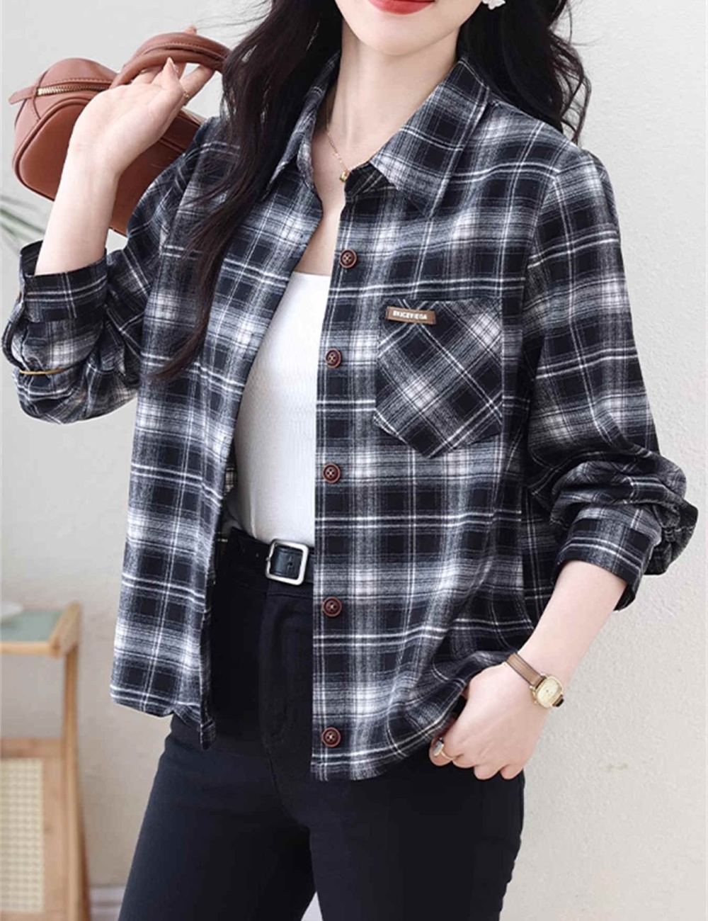 Autumn and winter plaid coat long sleeve shirt for women