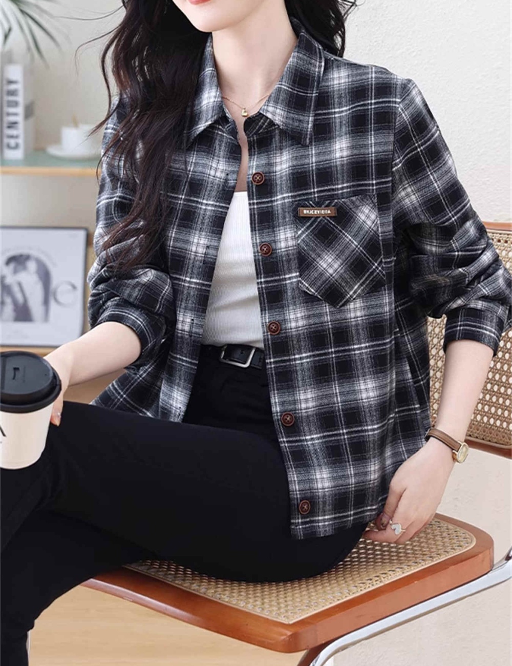 Autumn and winter plaid coat long sleeve shirt for women