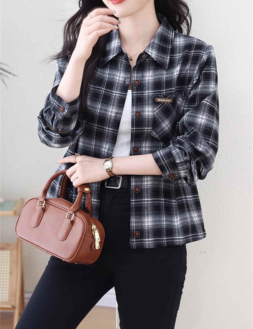 Autumn and winter plaid coat long sleeve shirt for women