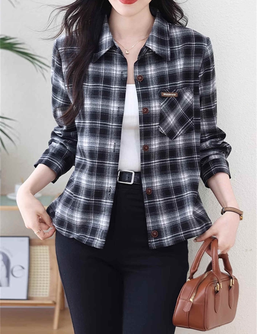 Autumn and winter plaid coat long sleeve shirt for women